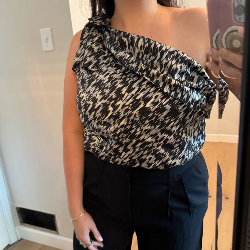 Express Abstract Print Satin One Shoulder Tie Thong Bodysuit